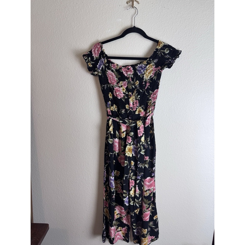 Nevena Rae Floral Smocked Wide Leg Jumpsuit Black Pink Yellow Womens Medium